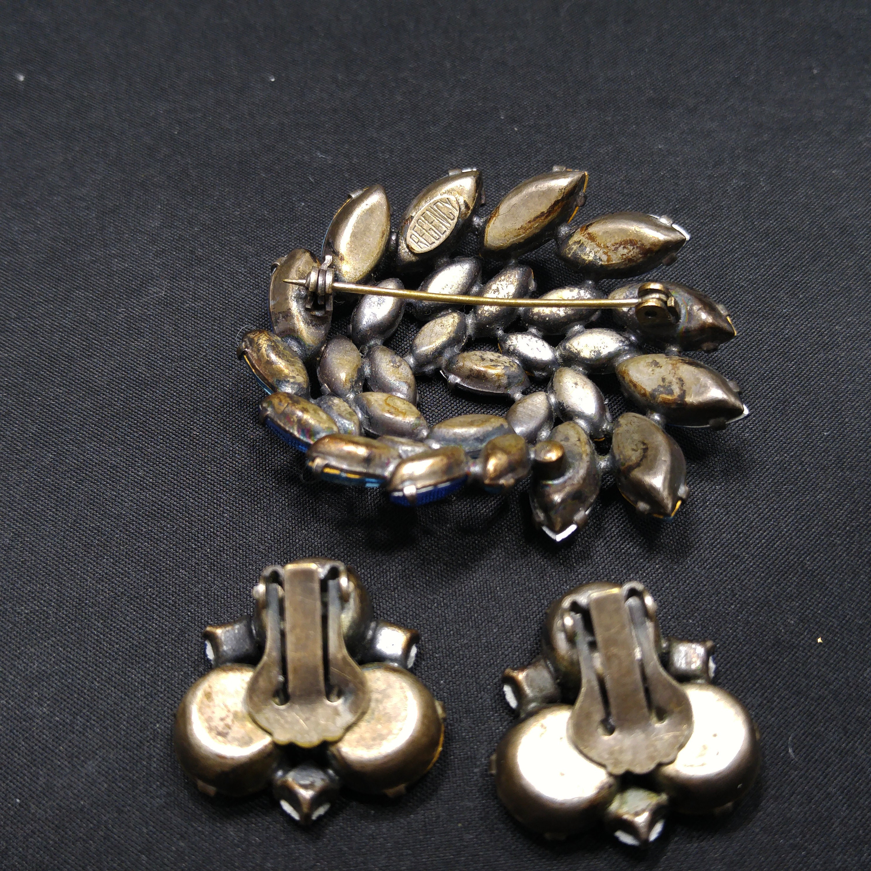 Regency Blue Rhinestone Brooch Earrings Set, 1950s Vintage