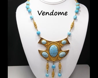 Vendome Pendant Necklace, Gold Plated, Faux Glass Turquoise, 1960s Vintage Jewelry