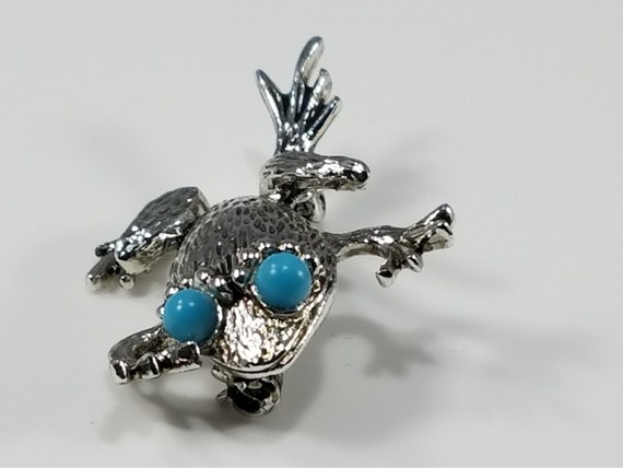 Emmons Frog Brooch, Faux Turquoise, Silver Tone, … - image 9