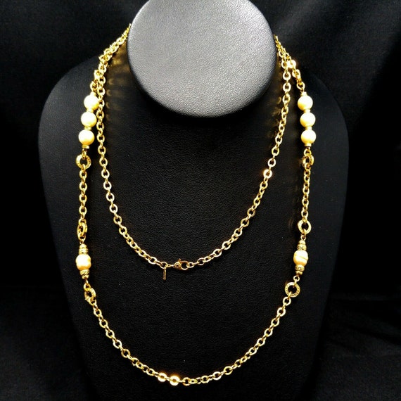 Monet Long Chain Necklace, Faux Baroque & Round P… - image 8