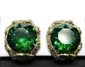 Green Rhinestone Clip on Earrings, Golden Brass, 1950s Vintage Jewelry