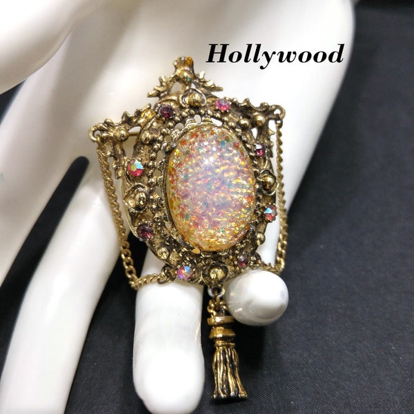 Hollywood Faux Opal Brooch, Pink Rhinestones, Gold Tone, 1950s Vintage Jewelry