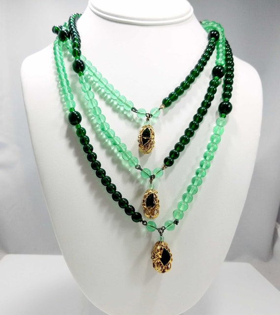 Freirich Green Beaded Necklace. Three Strands, Go… - image 7