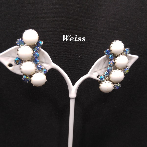 Weiss Aurora Borealis Blue Rhinestone Clip Earrings, White Milk Glass Cabochons, Ear Climbers, 1960s Vintage Jewelry