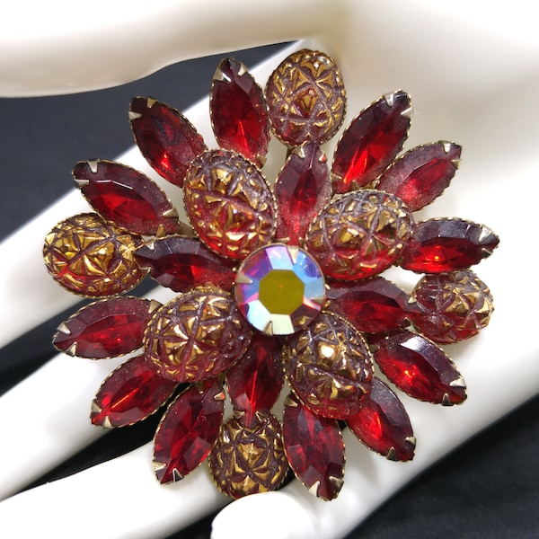 Judy Lee Red Rhinestone Brooch, Red Gold Molded Glass Petals, 1960s Vintage Jewelry