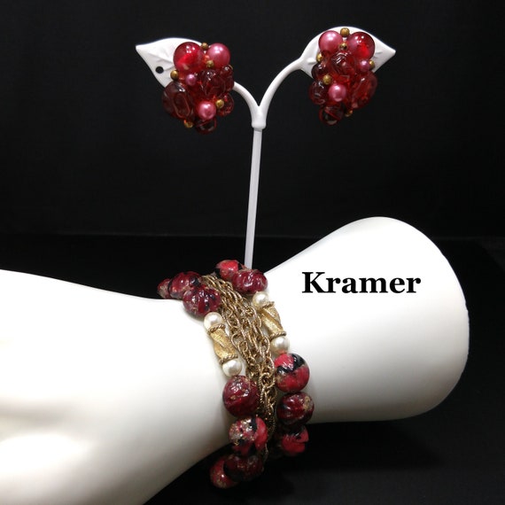 Kramer Red Thermoset Beaded Bracelet & Earrings, 2