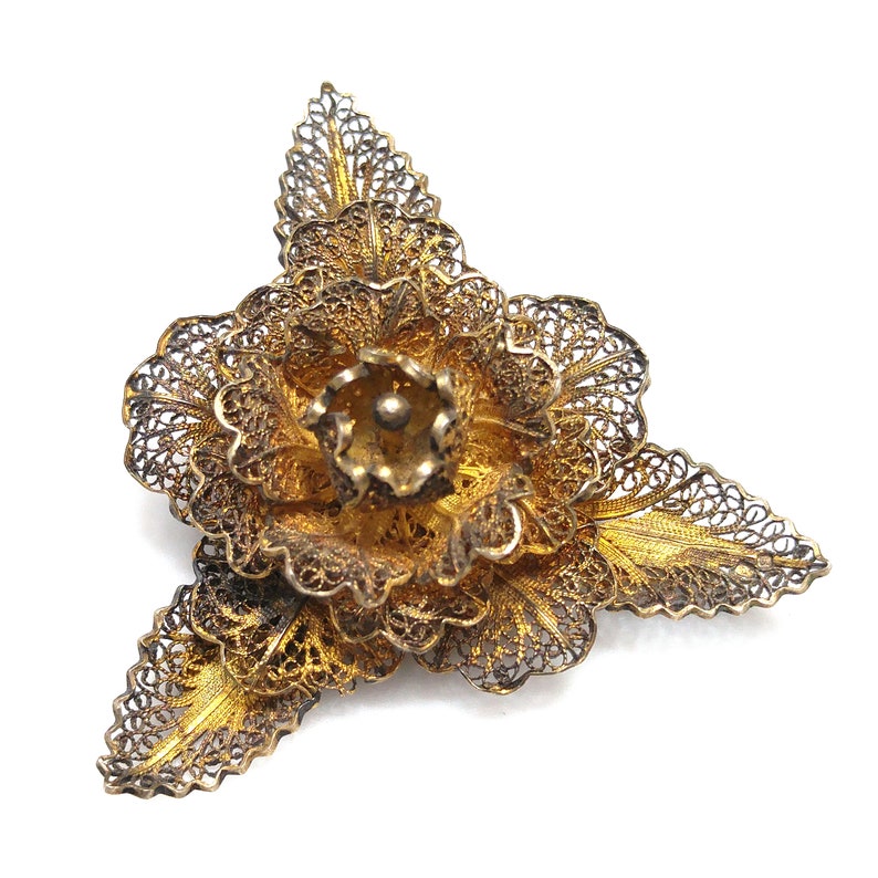 Topazio Portugal Flower Brooch, Silver Vermeil, 1930s Vintage Jewelry image 3