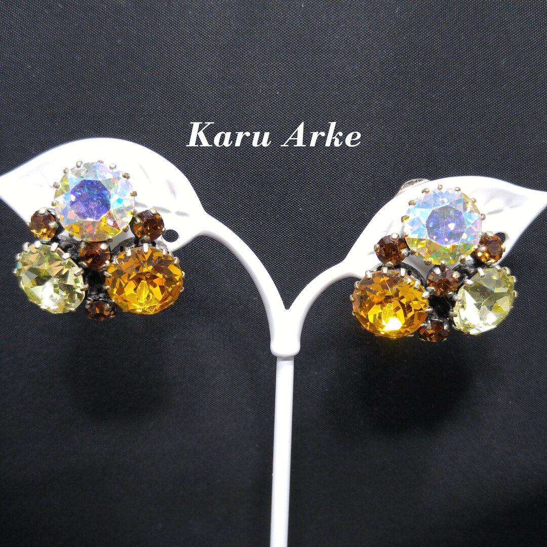 Karu Arke Austria Rhinestone Clip Earrings, Topaz AB Jonquil, 1950s