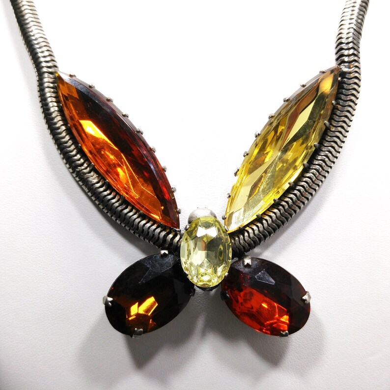 Runway Vintage Jewelry Silver Tone Snake Chain Rare Mara Kibian Bijoux Jewelry Large Rhinestone Butterfly Necklace
