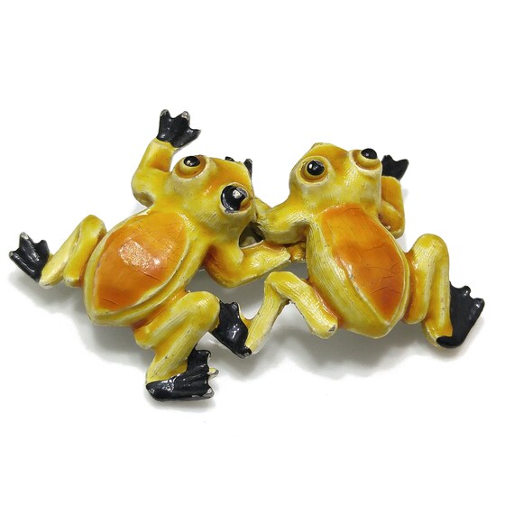 Twin Frogs Enamel Brooch, Two Yellow Gold Black F… - image 3