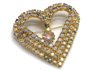 Aurora Borealis Heart Brooch, AB Rhinestone Dangle, 1960s Vintage Jewelry