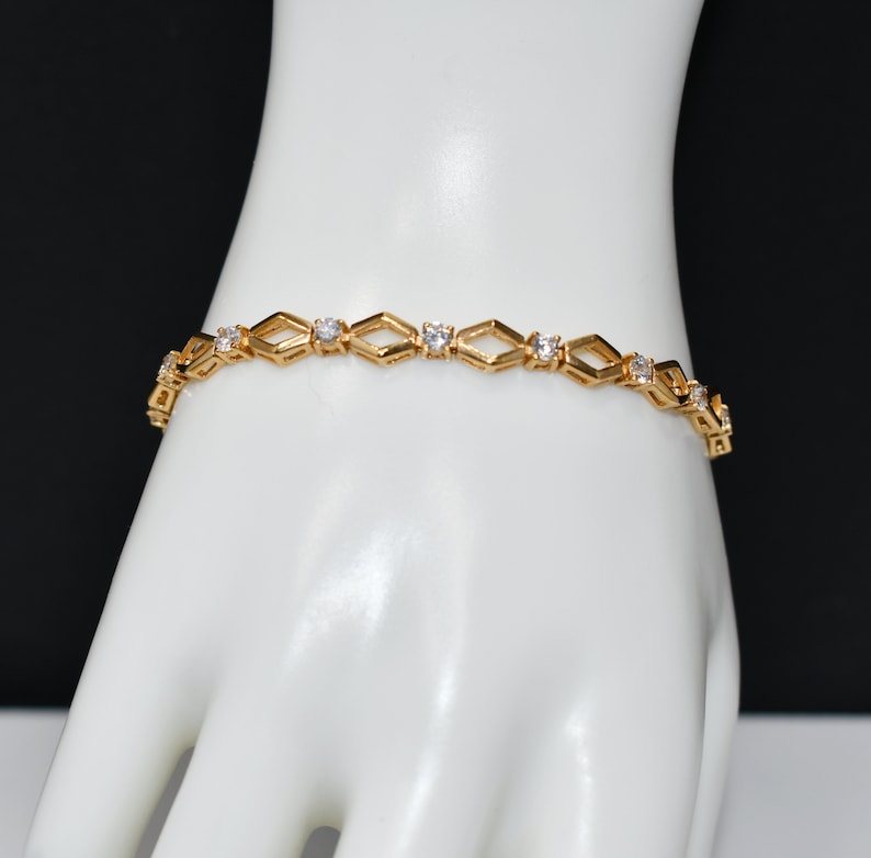1970s Vintage Jewelry Gold Plated Clear Rhinestones Roman Vintage Tennis Bracelet