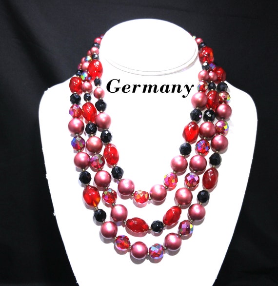 Germany Burgundy Red Beaded Necklace, Czech Glass… - image 1