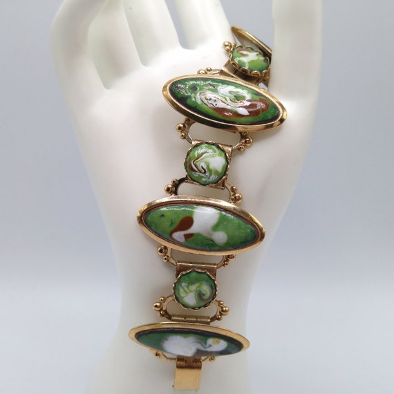 Mid-Century Enamel Book Chain Bracelet, Green Bro… - image 1