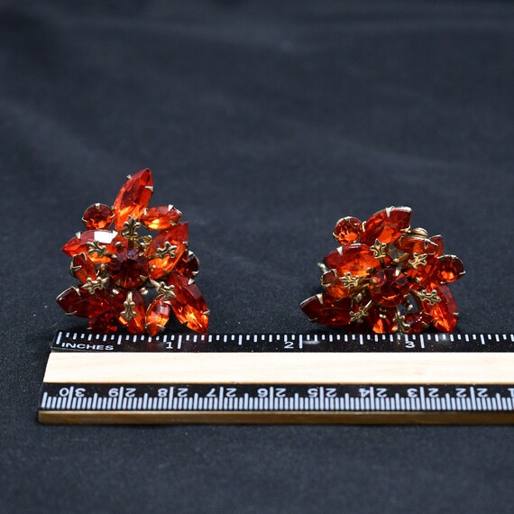 Vintage Bright Orange Rhinestone Gold Tone Clip E… - image 7