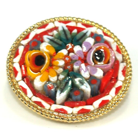 Italy Micro Mosaic Brooch, Raised Floral Design, … - image 5