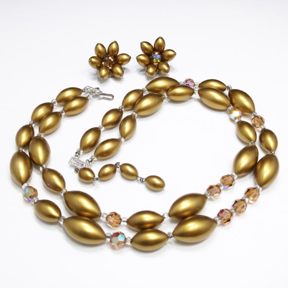 Mid Century Gold Pearled & Crystal Beaded Necklac… - image 1