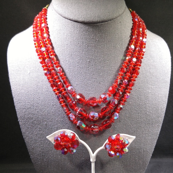 Czech Red Glass Beaded Necklace & Earrings, Fire … - image 1