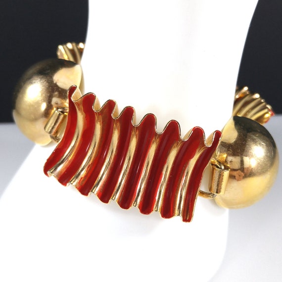 Red Enamel Ribbon Bracelet, Mid Century Modern, G… - image 1