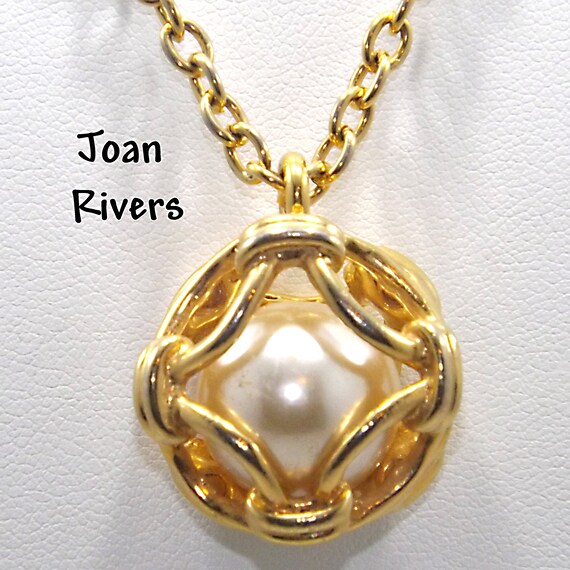 1980s Gold Plated Faux Pearl Cage Pendent Necklace