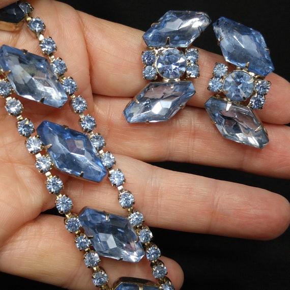 Light Blue Rhinestone Bracelet & Clip Earrings, R… - image 3