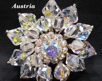 Austria Crystal Beaded Brooch, Aurora Borealis, 1960s Vintage Jewelry