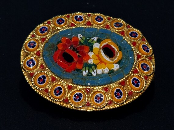 Italian Floral Micro Mosaic Oval Brooch, Murano G… - image 7