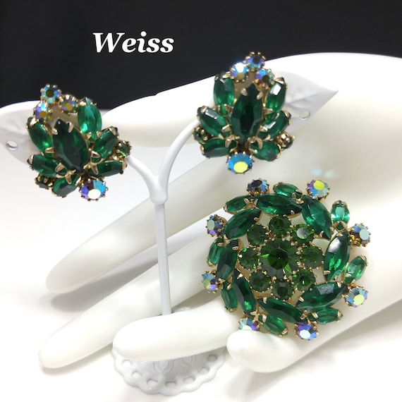 Weiss Emerald Green Brooch & Earrings, Aurora Bor… - image 1