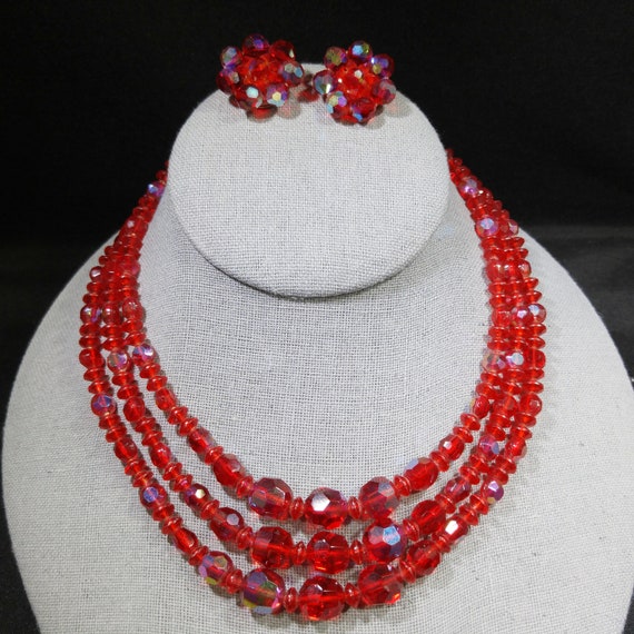 Czech Red Glass Beaded Necklace & Earrings, Fire … - image 2
