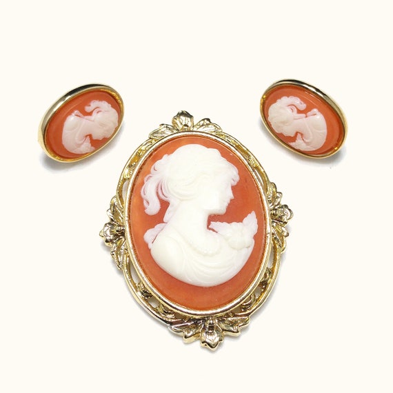 Whiting & Davis Cameo Brooch Post Earrings Set, L… - image 9