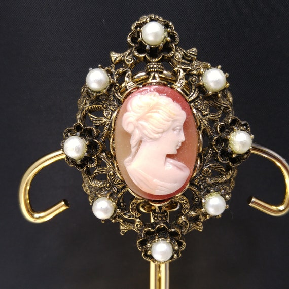 Cameo Faux Pearl Filigree Brooch & Pendant, 1960s… - image 2