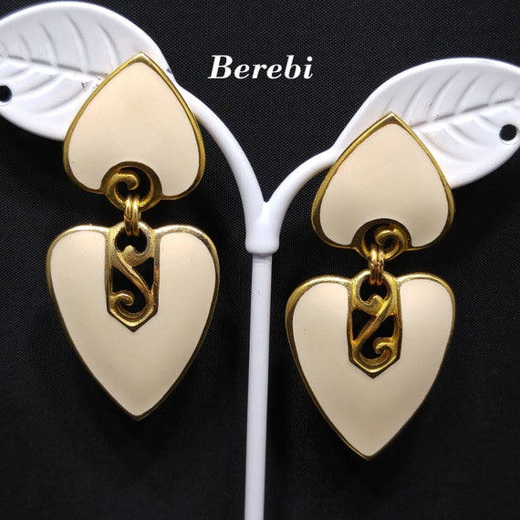Berebi Cream Enamel Gold Post Earrings, Dangle He… - image 1