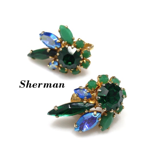 Sherman Green & Blue Rhinestone Earrings, Gold Pla