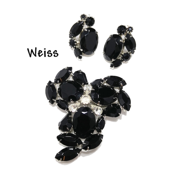Weiss Black & Clear Rhinestone Brooch and Earring… - image 1