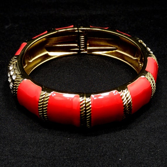 Red Enamel Gold Tone Hinged Bracelet, Clear Rhine… - image 6