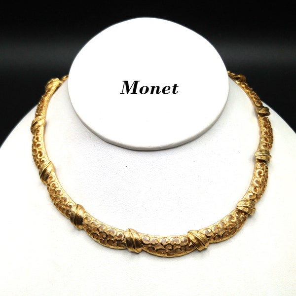 Monet Lacy Link Choker Necklace, Gold Plated, 1960s Vintage Jewelry