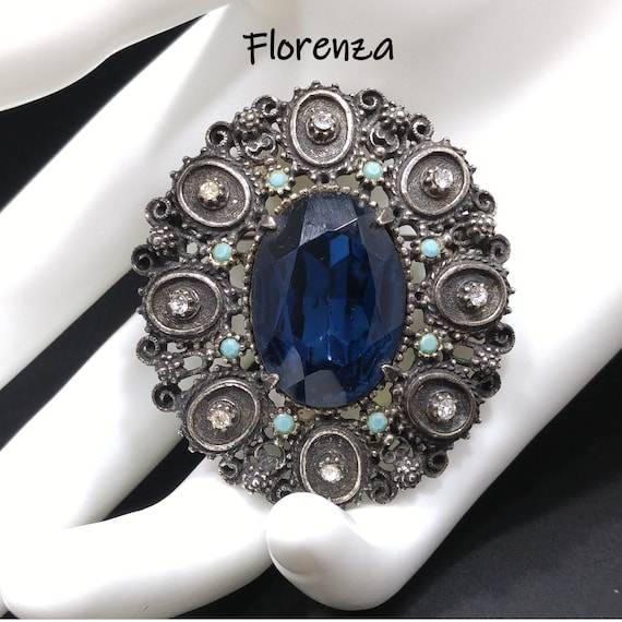 Florenza Blue Faceted Glass Brooch & Pendant, Ant… - image 1