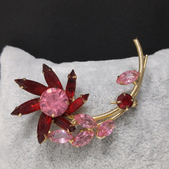 Red & Pink Rhinestone Flower Brooch, Gold Plated … - image 5