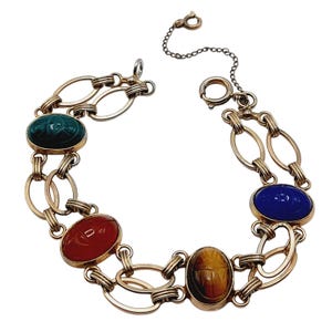 Vintage Scarab Four Gemstone Gold Tone Two Strand Bracelet, Egyptian Beetle Bug