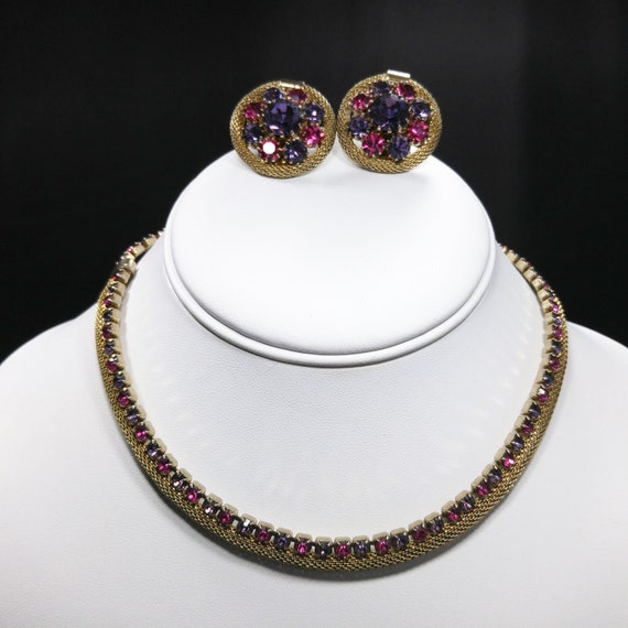 Weiss Mesh Purple Pink Rhinestone Necklace & Earr… - image 3