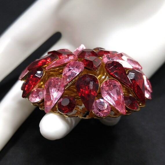 Red & Pink Domed Rhinestone Brooch, Gold Plated F… - image 4