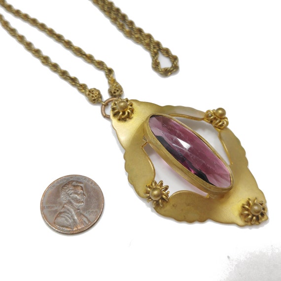 Victorian Purple Glass Pendant Necklace, Golden B… - image 6