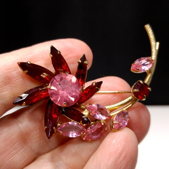 Red & Pink Rhinestone Flower Brooch, Gold Plated … - image 10