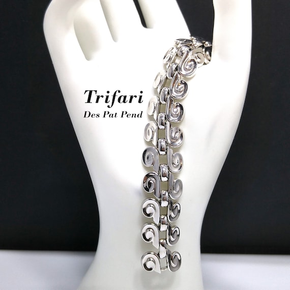 Trifari Rhodium Plated Bracelet, Modernist Swirls… - image 1