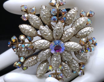Pink & Blue Aurora Borealis Crystal Four Leaf Clover Brooch