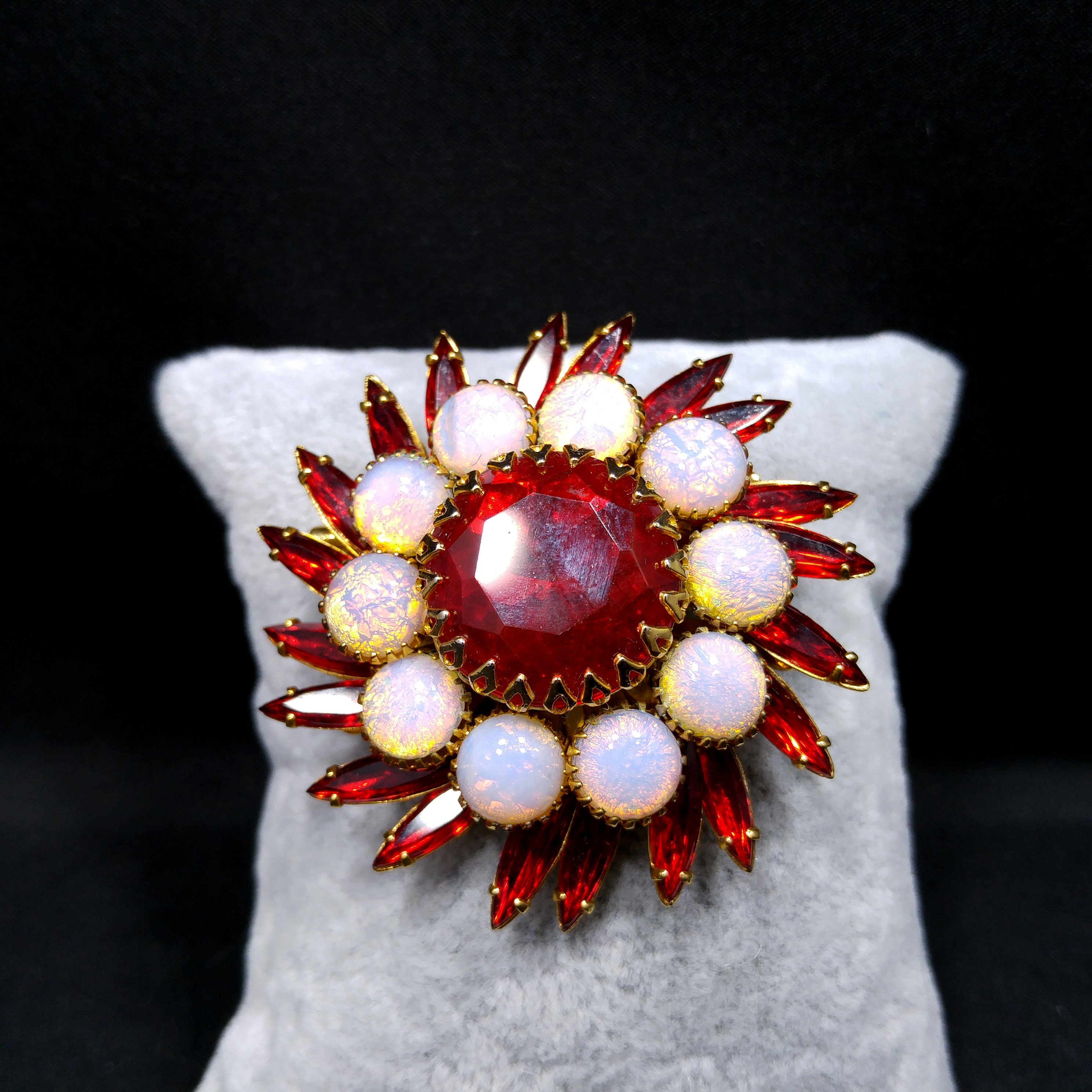 Judy Lee Faux Fire Opal Red Brooch, Gold Plated, 1960s