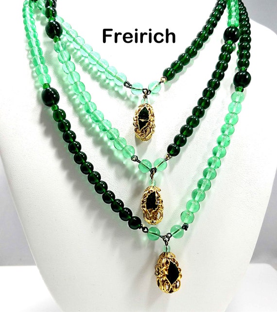 Freirich Green Beaded Necklace. Three Strands, Go… - image 1