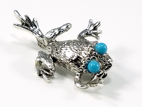 Emmons Frog Brooch, Faux Turquoise, Silver Tone, … - image 2