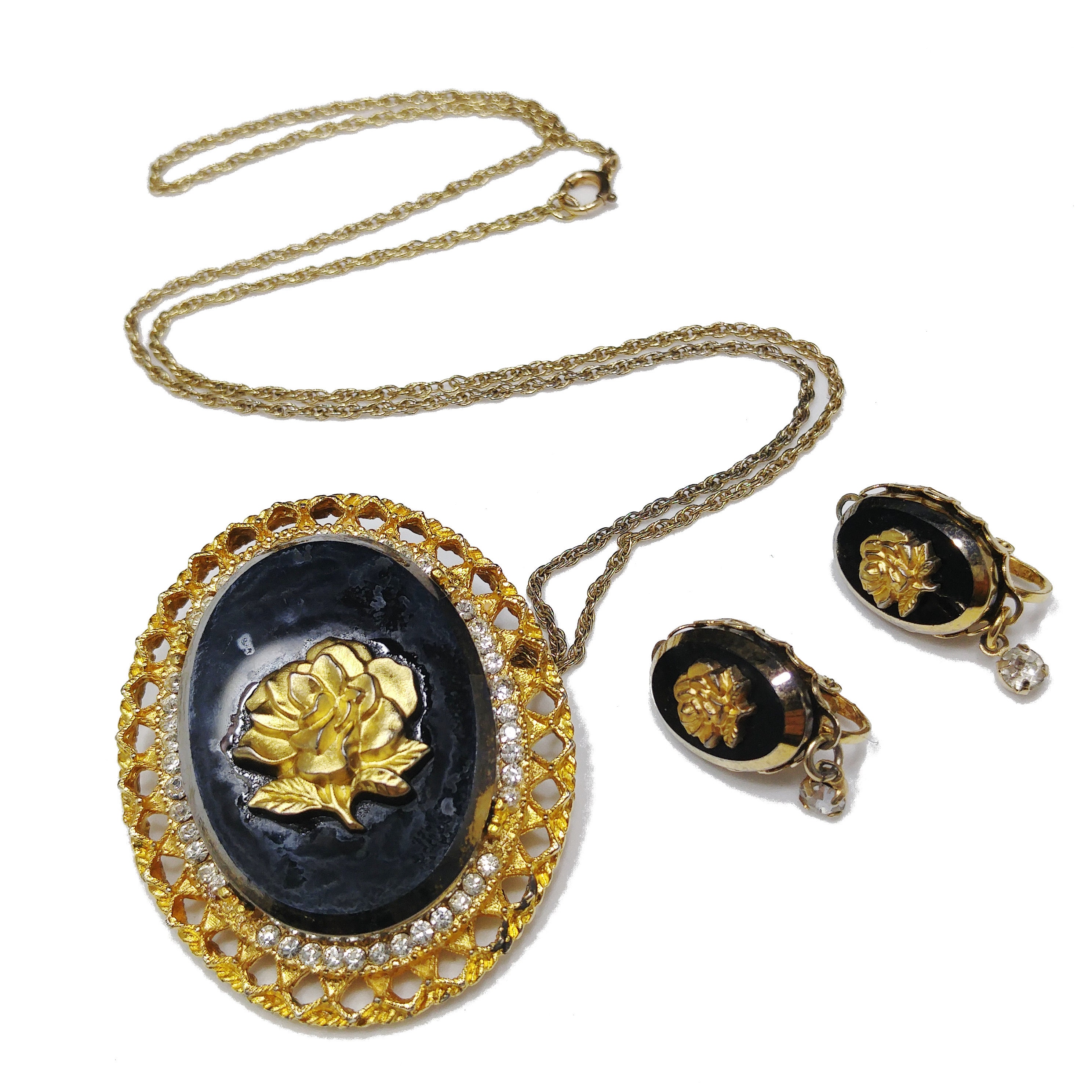 Celebrity Gold Rose Black Glass Brooch & Pendant, Matching