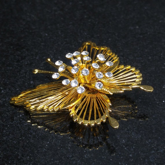 Monet Gold Tone Wire Butterfly Brooch Clear Rhinestones Center